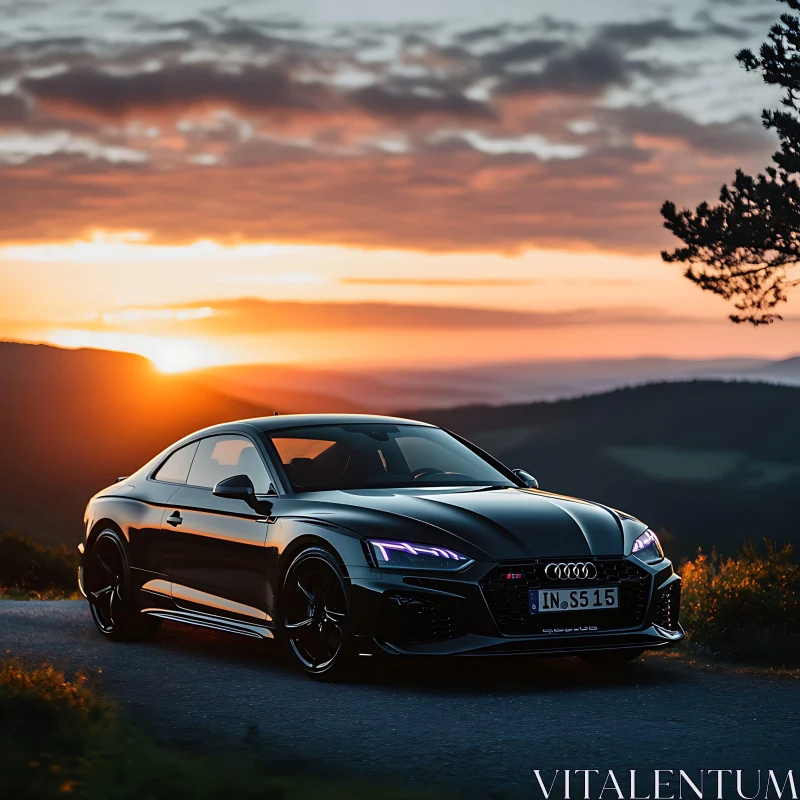 Elegant Black Sports Car with a Sunset Backdrop AI Image