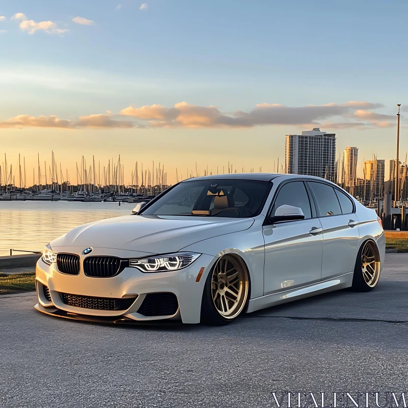 Luxury Car with Gold Rims near Marina at Dusk AI Image