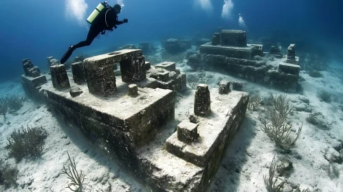 Scuba Diver Exploring Submerged Ancient Structures