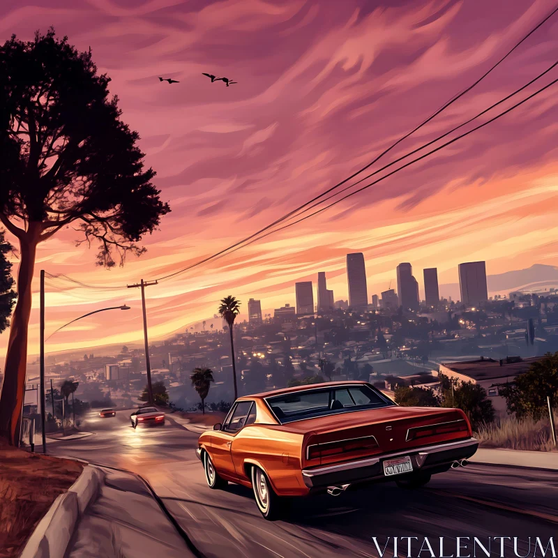 Classic Car Driving Towards City Skyline at Sunset AI Image