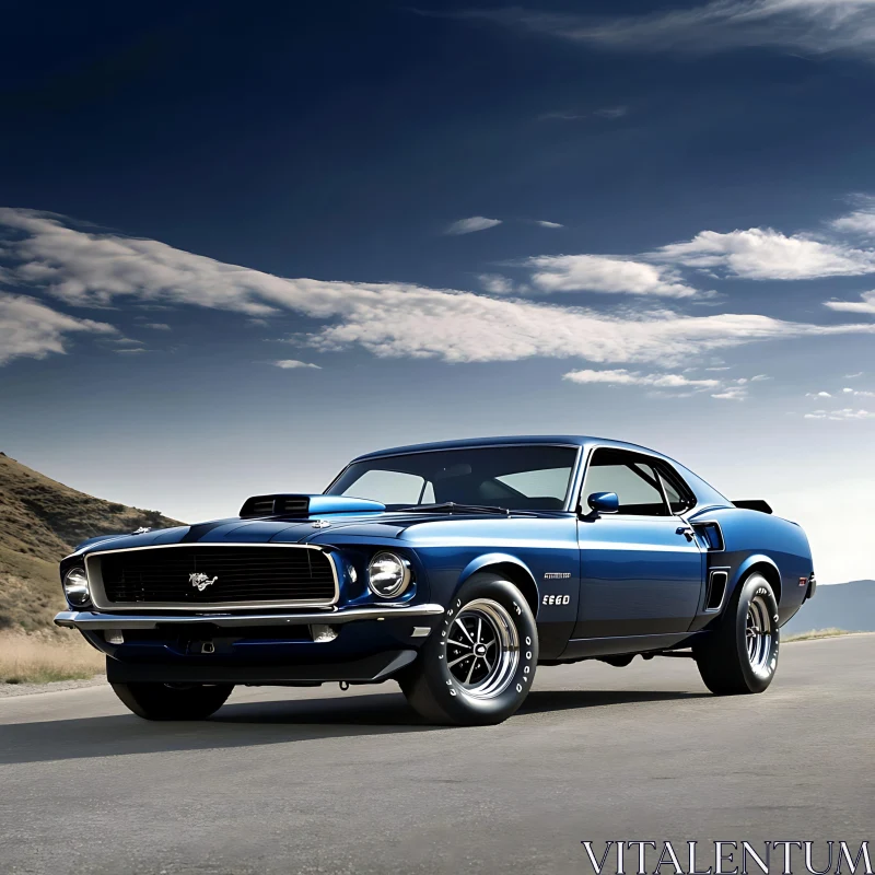 Classic Blue Muscle Car Parked on Scenic Route AI Image