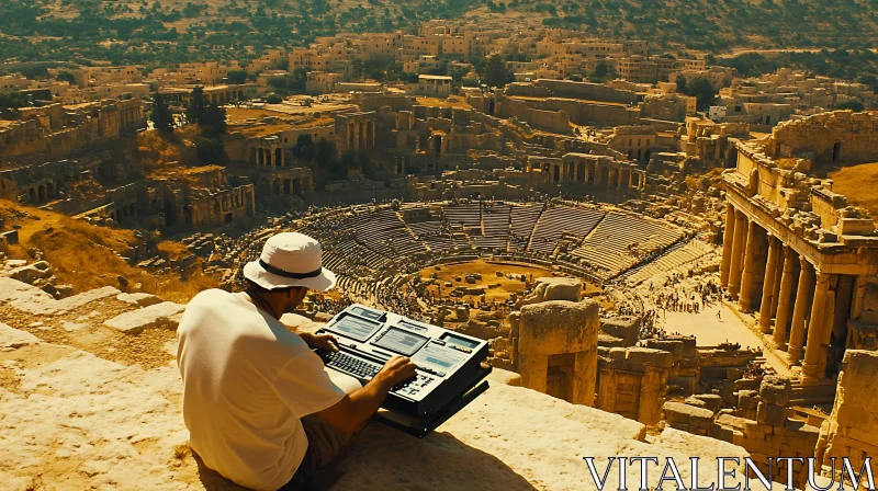 Person Sitting with Electronic Device Overlooking Ancient Amphitheater AI Image