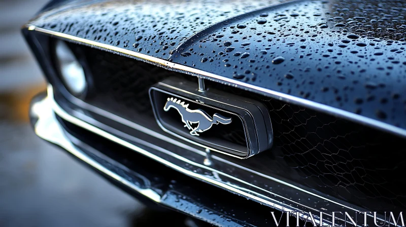 Close-Up of Mustang Emblem on Wet Car Grille AI Image