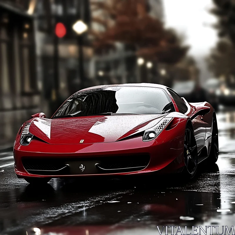 Luxurious Red Sports Car in Drizzling Cityscape AI Image