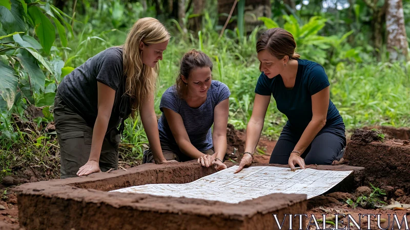 Archaeological Discovery by Women in a Lush Forest AI Image