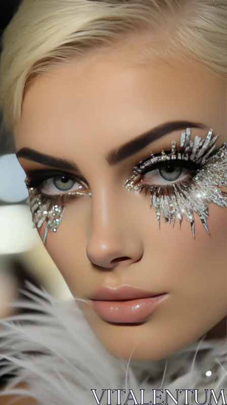 Captivating Beauty: Glamorous Woman with Feathers and Glitter Eyes AI Image