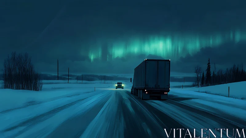 Aurora Borealis Over Snow-covered Highway AI Image