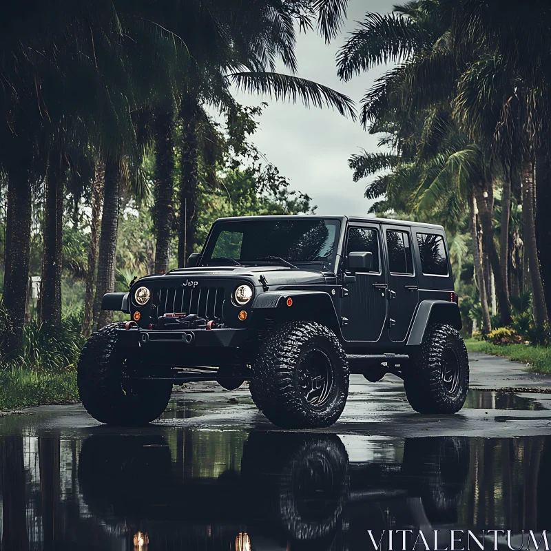 Off-Road Vehicle in Rainforest Setting AI Image