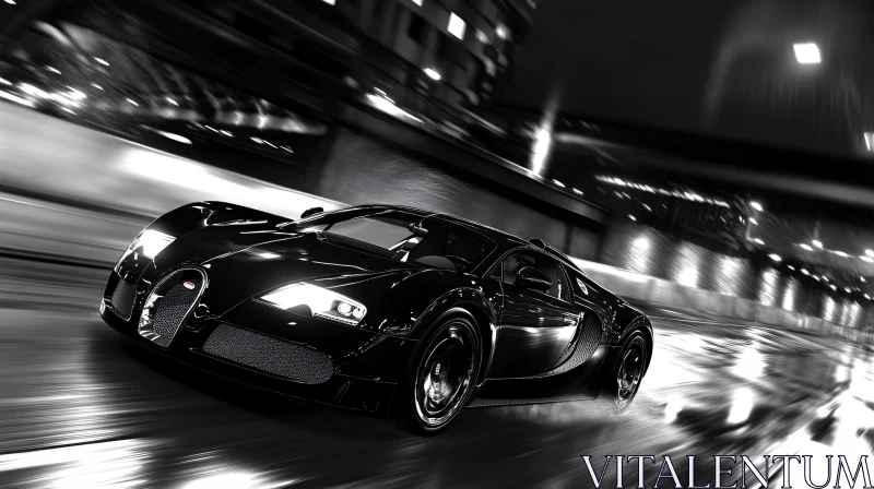 Nighttime Urban Drive of a Black Luxury Car AI Image