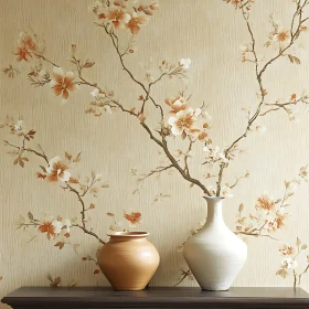 Serene Decor with Floral Wallpaper and Vases