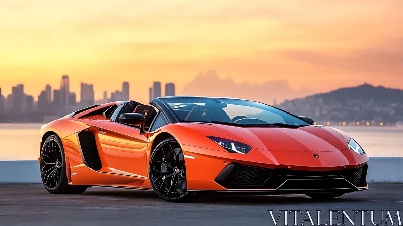 Luxury Orange Sports Car in Front of City's Sunset AI Image