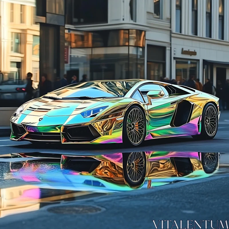 Colorful Sports Car Reflections in Cityscape AI Image