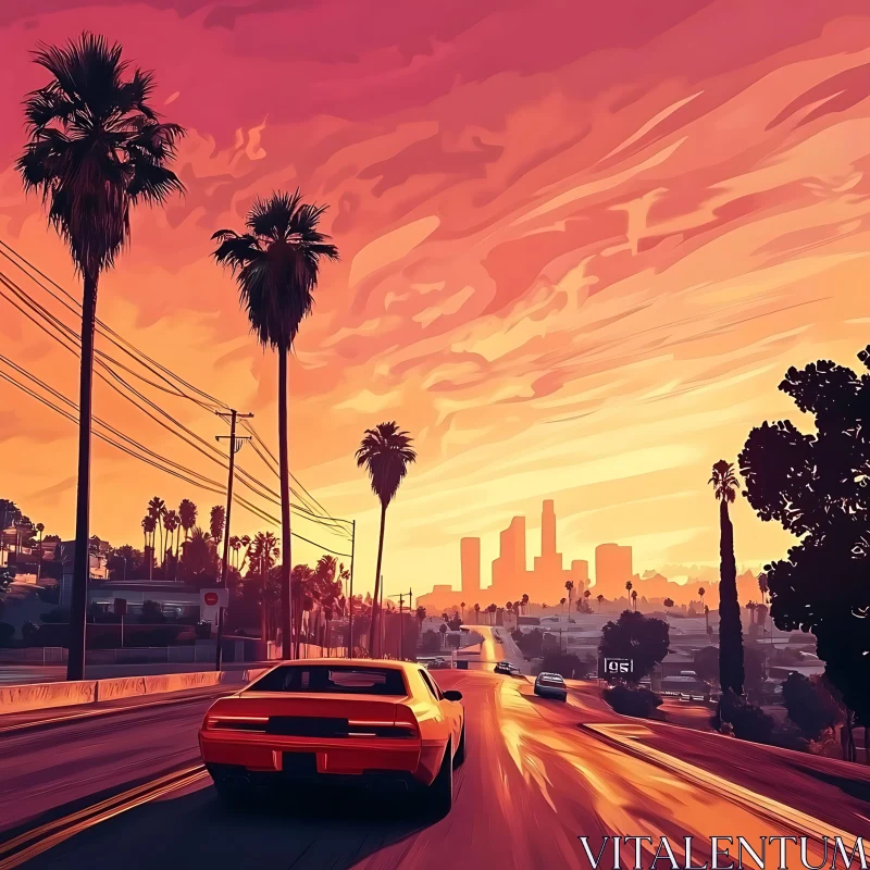 Urban Sunset with Car and Palm Trees AI Image