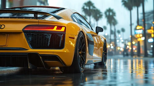 Rainy Night with a Yellow Sports Car