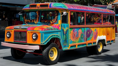 Vibrantly Decorated Retro Bus on the Street