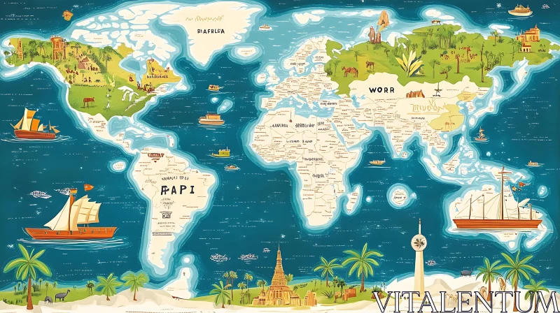 Playful World Map with Iconic Structures and Nature AI Image