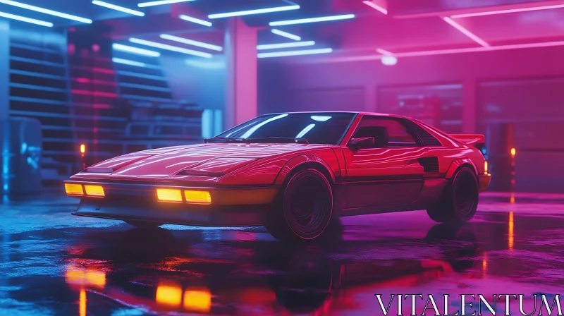 Shiny Red Car Under Neon Lights AI Image