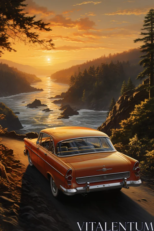 Vintage Car on Coastal Road at Sunset AI Image