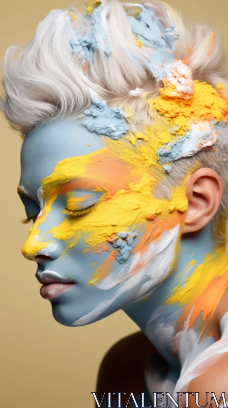 Colorful Painted Woman with Indigo and Yellow Palette AI Image