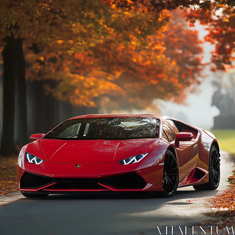 Red Sports Car in Autumn AI Image