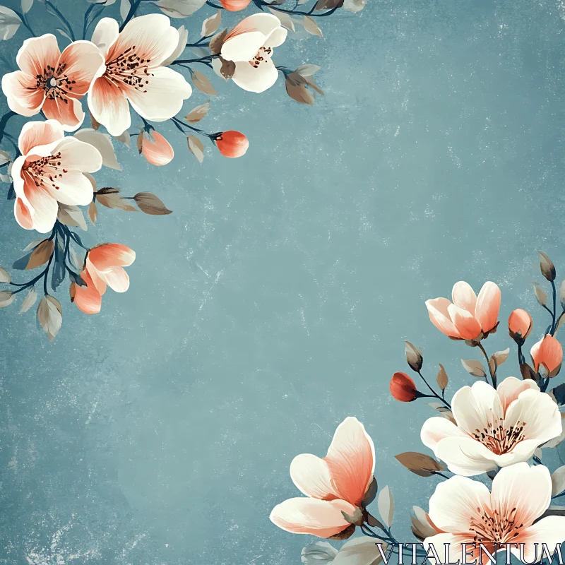 AI ART Teal Background with White and Peach Floral Design