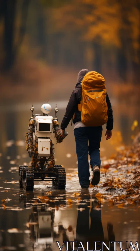 Person and Robot on Adventure - A Beige and Amber Themed Artwork AI Image