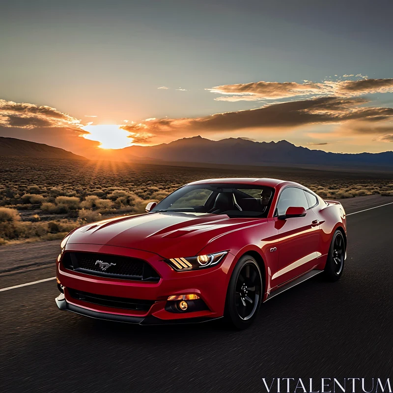 Sunset Drive with Red Sports Car on Open Road AI Image