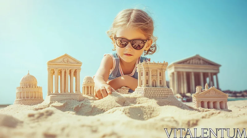 Young Child's Beach Sandcastles Art AI Image