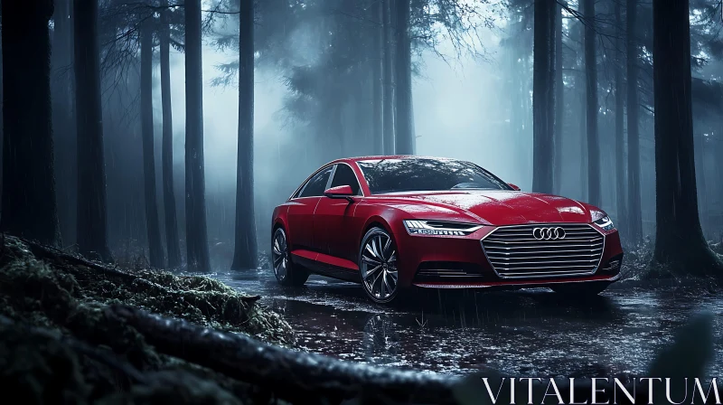 Luxurious Red Car Amid Foggy Woodland AI Image