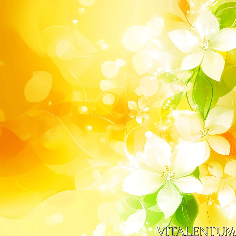 White Flowers with Green Leaves on Yellow AI Image