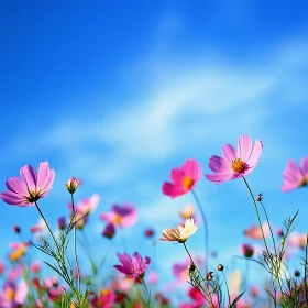 Colorful Cosmos Flower Field Under Blue Sky