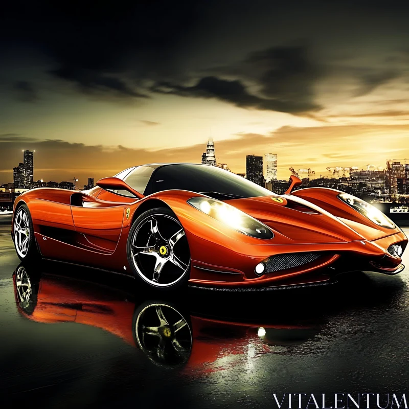 AI ART Luxurious Red Sports Car in Urban Sunset Setting