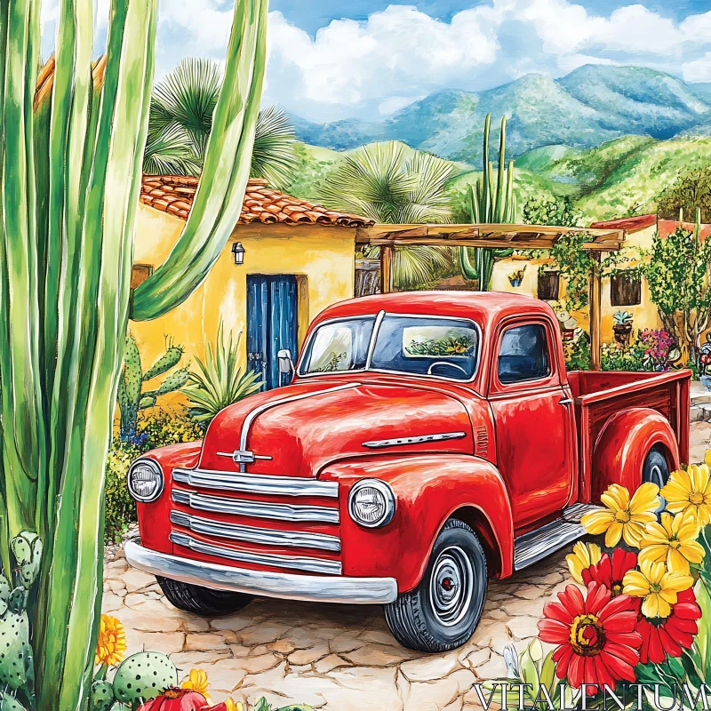 Charming Garden Scene with Classic Red Truck and Cactus Plants AI Image