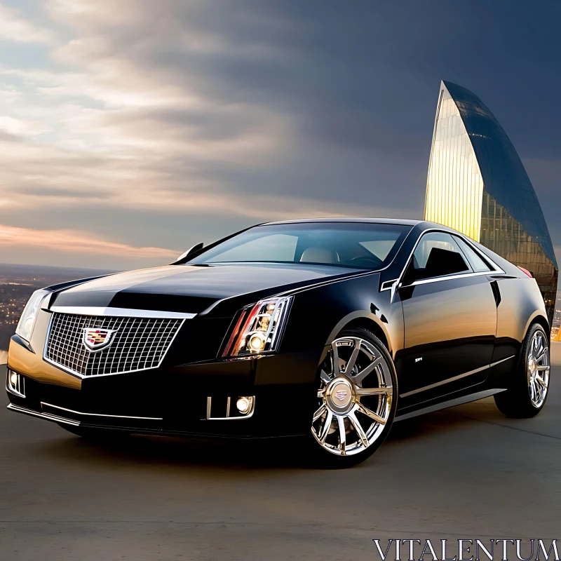 Elegant Black Car Near Modern Building at Twilight AI Image