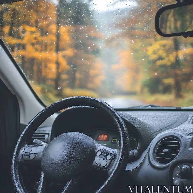 Rainy Day Car Interior with Autumn Forest View AI Image