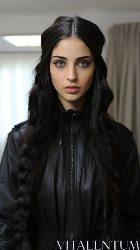 Captivating Beauty: Hyperrealistic Portrait of a Woman in a Leather Jacket AI Image