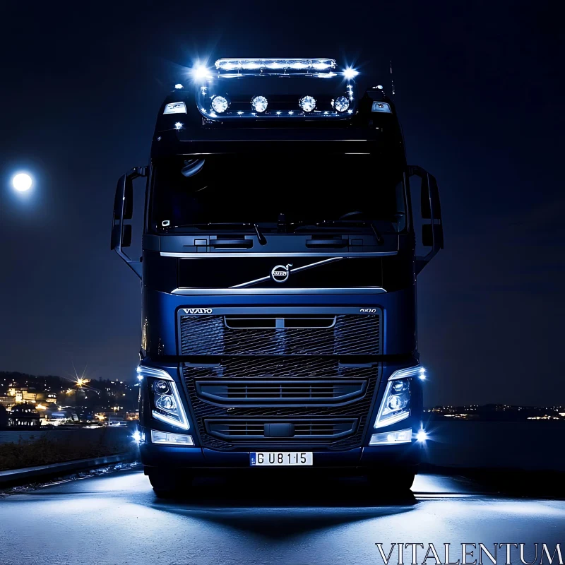 Nighttime Truck with Full Moon and City Lights AI Image