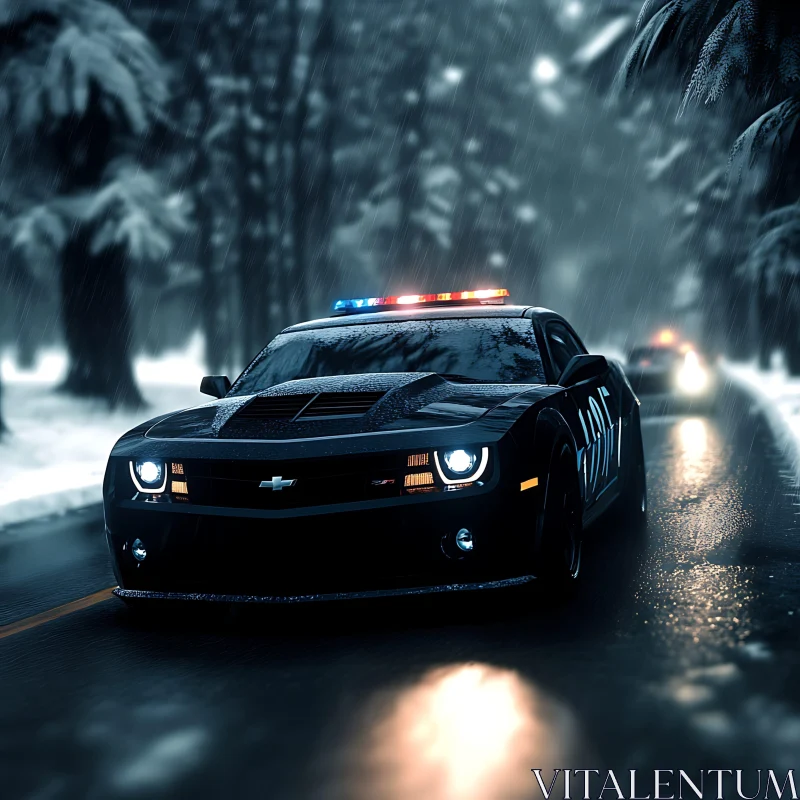 Rainy Night Patrol: Police Car in Action AI Image