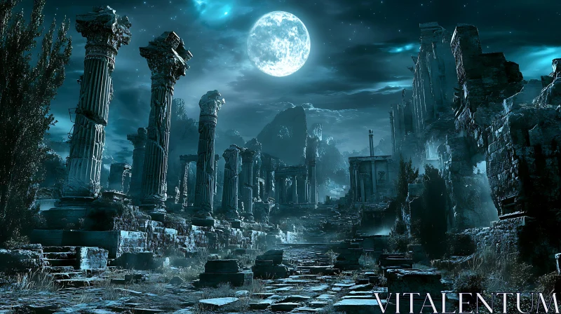 Ancient Pillars Under Full Moon in Ruins AI Image