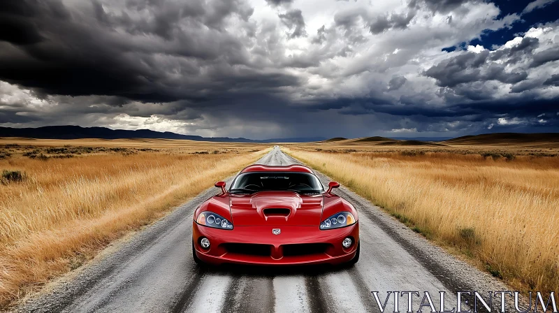 Red Car on a Long Road with Approaching Storm AI Image