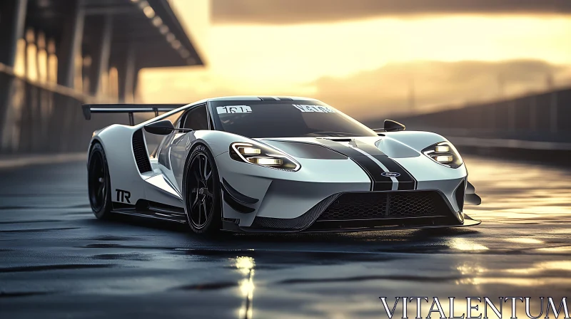 White Supercar with Racing Stripes on Track AI Image