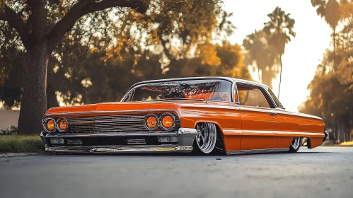 Vintage Orange Lowrider Car in Evening Light