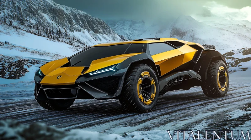 Yellow SUV Amidst Snowy Peaks AI Image