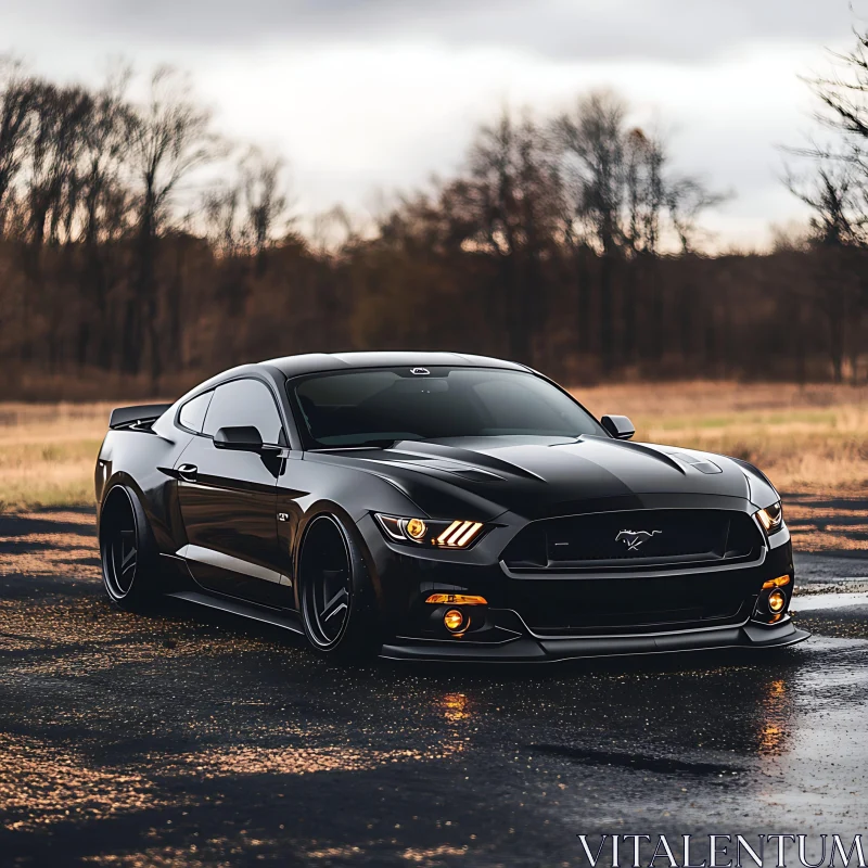 Glossy Black Car in Serene Autumn Setting AI Image