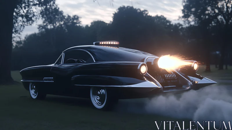 Classic Black Car with Bright Headlights and Fiery Exhaust AI Image