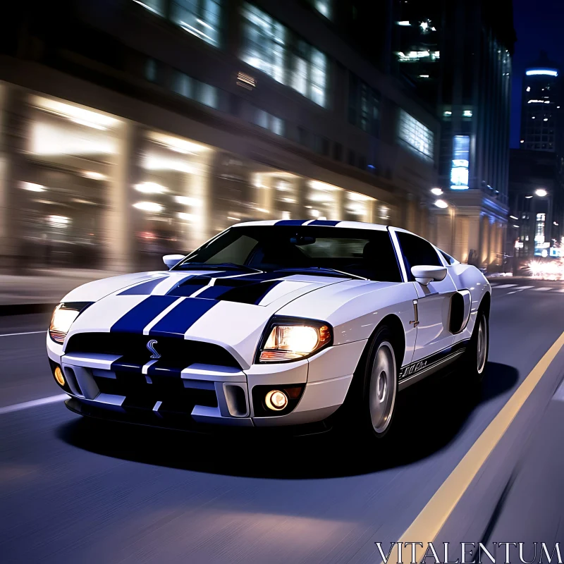 White Sports Car with Blue Racing Stripes at Night AI Image