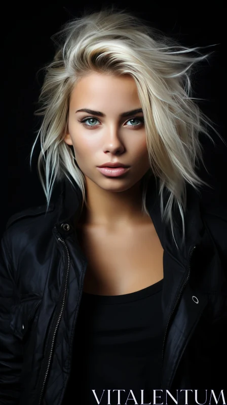 Captivating Blonde Girl in Black Jacket on Dark Background AI Image