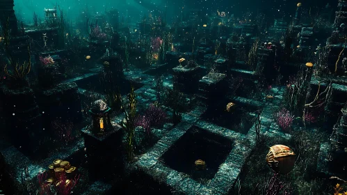 Underwater Ancient City Ruins with Corals and Marine Life