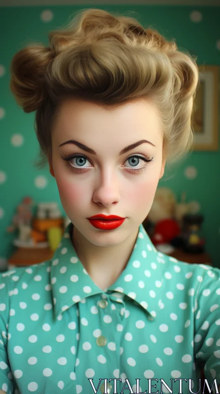 Vintage Charm: Woman with Blonde Hair and Red Lipstick in Polka Dot Shirt AI Image