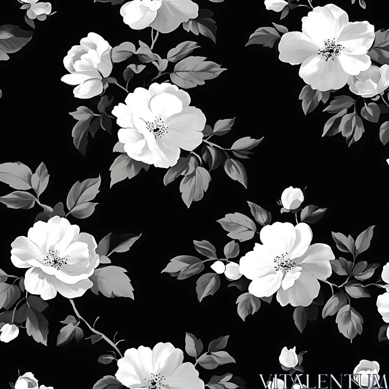 Black and White Floral Design with Detailed Flowers and Leaves AI Image